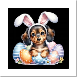 Puppy Dachshund Bunny Ears Easter Eggs Happy Easter Day Posters and Art